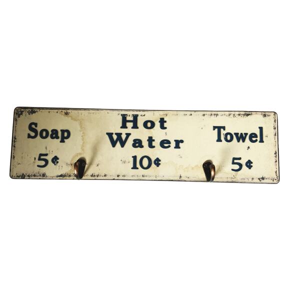 Soap Water and Towel Sign Metal Decor Bathroom Towel Hanger - Picture 1 of 4